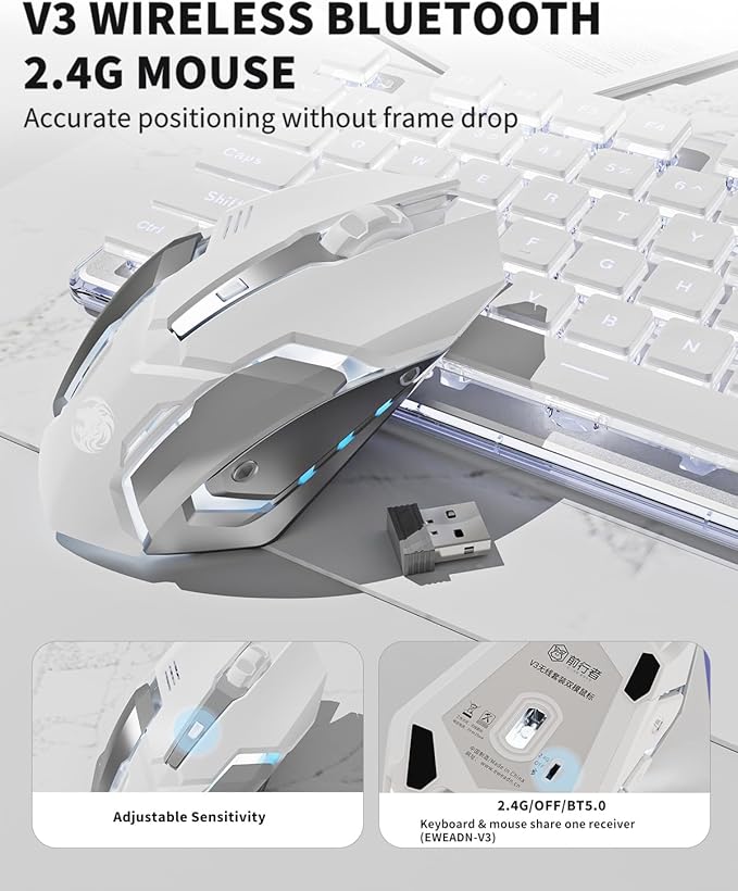 Wireless Keyboard and Mouse Combo with White Backlit Pudding Keycaps | Bluetooth & 2.4G Dual Mode, 2000mAh Rechargeable Full Size Quiet Computer Keyboard for Windows PC Desktop, White, EWEADN
