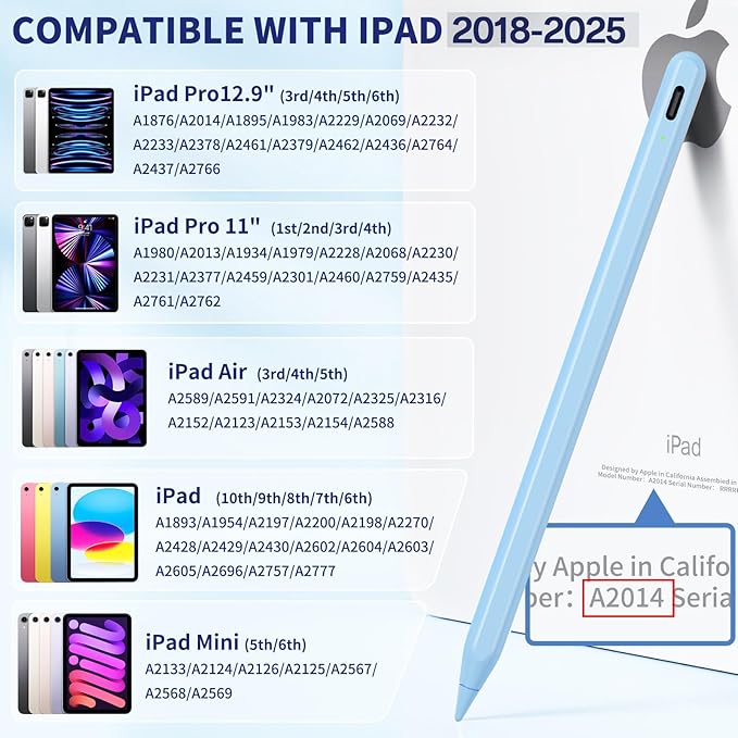 iPad Pencil for 9th & 10th Generation, Fast Charge Stylus Pen for Palm Rejection and Tilt Sensitivity, Compatible with iPad Pro 11/12.9in, Mini 5/6, iPad 6/7/8/9/10, Air 3/4/5 (Blue)