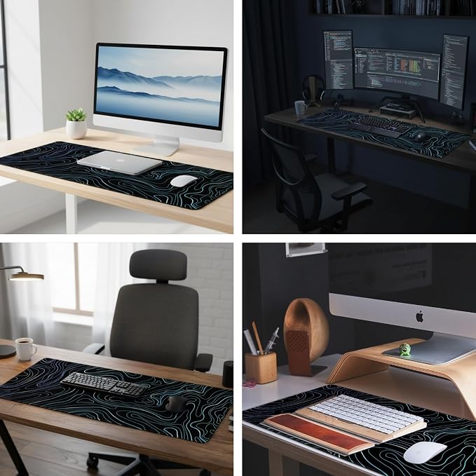 Topographic XL Mouse Pad (35.4x15.7 Inch), Large Gaming Desk Mat with Stitched Edges, Waterproof Non-Slip XXL Keyboard Pad, Aesthetic Blue Line Art Desk Decor