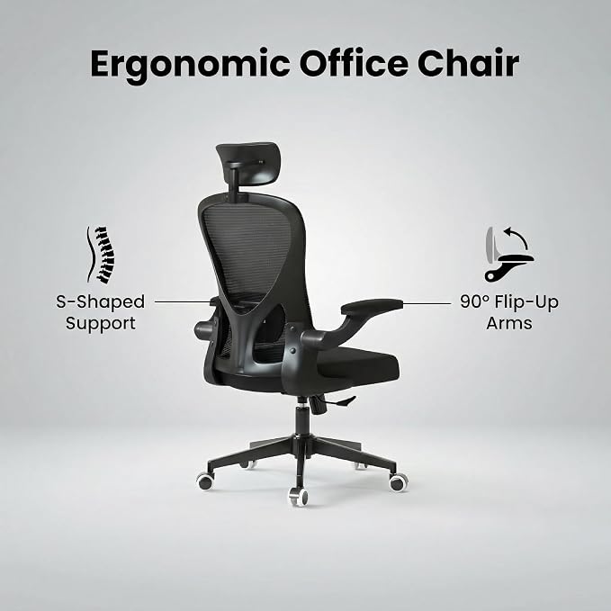 Monhey Ergonomic Chair, Adjustable Lumbar & Flip-up Arms, Black | Breathable Mesh,Height Adjustable, Rocking Swivel, High Back, Home Office Use