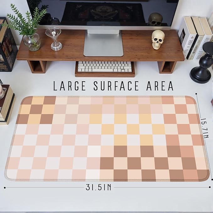 Checkered Boho Desk Mat Beige Pink Mouse Pad XXL Pastel Retro Large Mouse Pad with Stitched Edges, Keyboard Pad Mouse Mat for Computer Aesthetic Office Decor Desk Matt for Desktop 31.5 X 15.7In