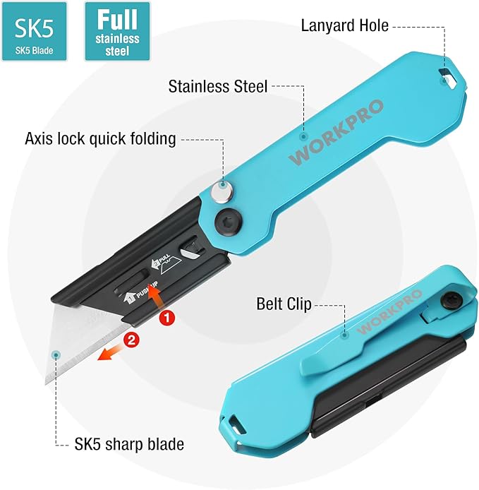 WORKPRO EDC Folding Utility Knife, Mini Box Cutter with Quick Open Axis Lock, Quick Change Blade Razor Knife, Foldable Small Pocket Knife with Belt Clip