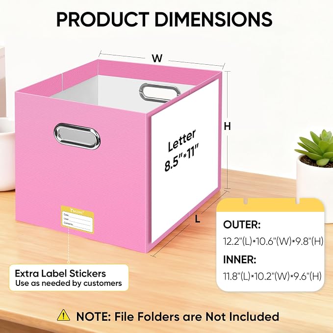 BALEINE File Organizer Box, Cardboard File Folder Organizer with Handle for Letter Size, Portable Collapsible Hanging Filing Box for Home Office Document Storage (4 Pack, Large Pink)