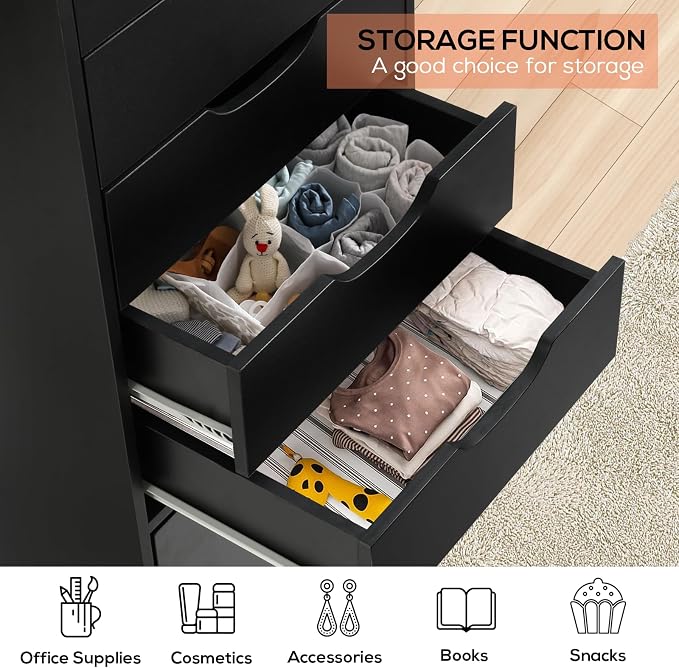 TUSY Mobile File Cabinet, 5-Drawer Storage Cabinet, Vertical Rolling Storage Organizer Chest with Wheels & Anti-Tip Kit, for Home Office, Craft Room, Black