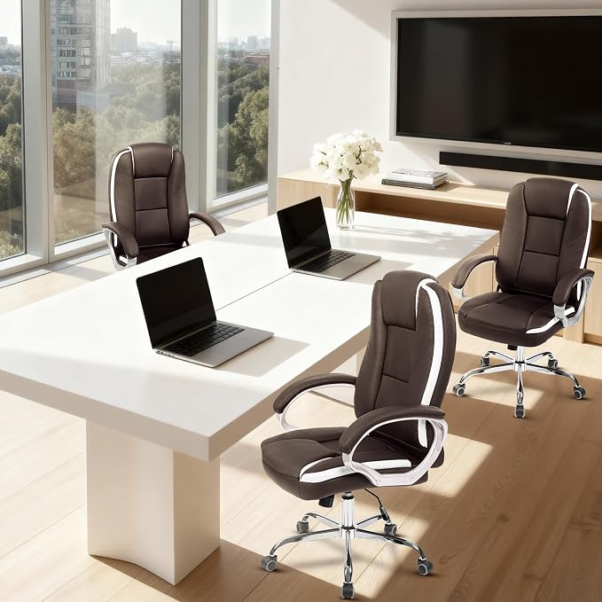 NEO CHAIR Office Desk Chair PU Leather Chair with Lumbar Support, Brown | Ergonomic High Back Executive Computer Chair, Comfortable Padded Fixed Armrests Swivel Chair with Wheels for Office/Home