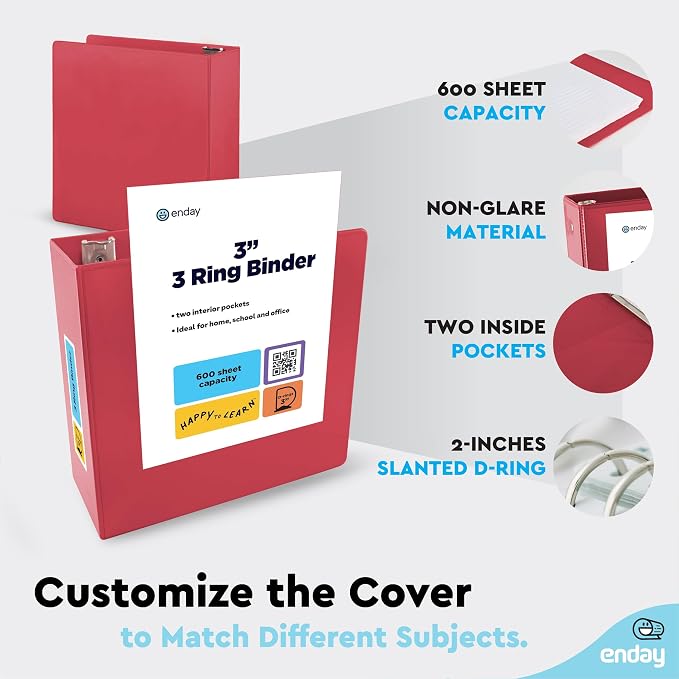 Enday 3 Inch Binder Red 3 Ring Binder 3 Inch, Heavy Duty Three Ring Binder, 600 Sheets Capacity - 3 Inch Binder for Home School and Office