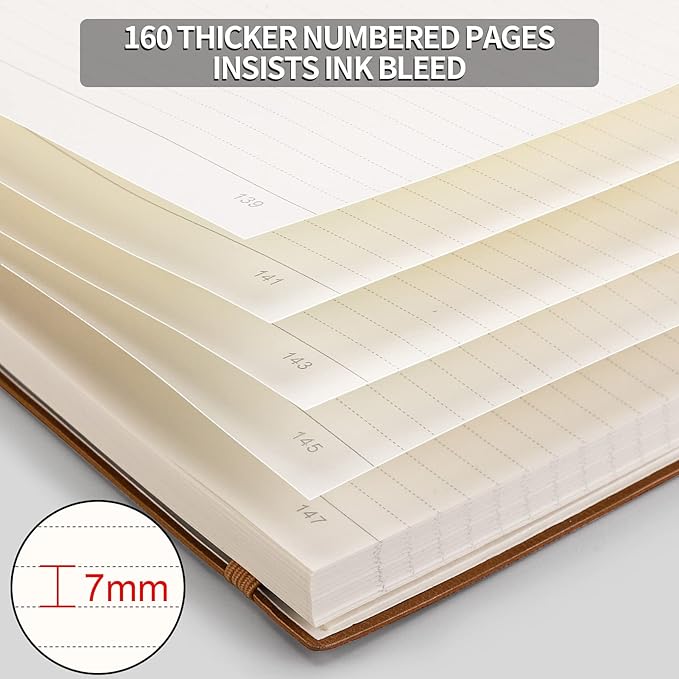 AHGXG College Ruled/Lined Notebook - 320 Numbered Pages B5 Lined Journal, 100gsm Thick Paper, Faux Leather Softcover, Inner Pocket, 7.6'' X 10''-Brown