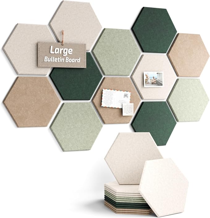 Fluxynara 12-Pack Hexagon Felt Bulletin Board Tiles, Nordic Moss-1 | Cork Board Alternative with 60 Adhesive Tabs for Notes, Photos and Reminders in Home Offices, Dorm and Classrooms
