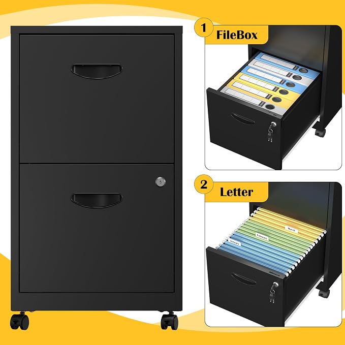 SteeLoong 2 Drawer File Cabinet,Metal Mobile File Cabinet with Lock Black | Filing Cabinet with Wheel,Vertical File Cabinet for Home Office,Under Desk Rolling File Cabinets for Hanging Letter/A4