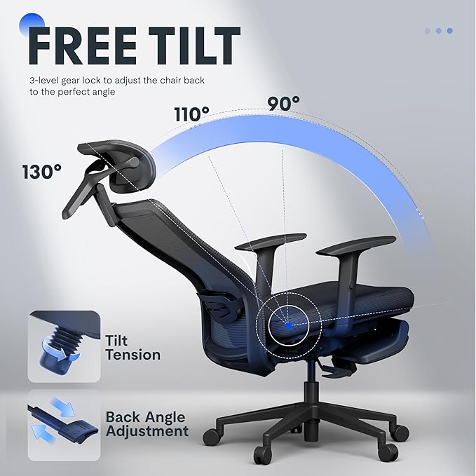 FLEXISPOT Ergonomic Office Chair with Footrest, Mesh High Back Computer Chair, Home Office Desk Chairs, with Adjustable Lumbar Support/4D Headrest/Reliable Base, Elastic Foam Seat, Black, OC3 Cloud-F
