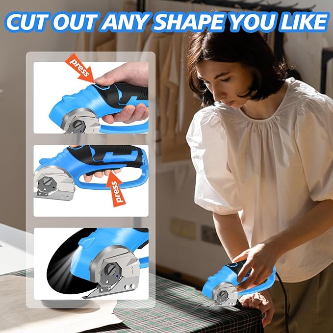 Cordless Electric Scissors, 4V Rechargeable Box Cutter & Cardboard Cutter with LED Light, Safety Lock - Rotary Cutter for Fabric, Leather, Carpet, Plastic, Crafting, Sewing with Storage Box (Blue)