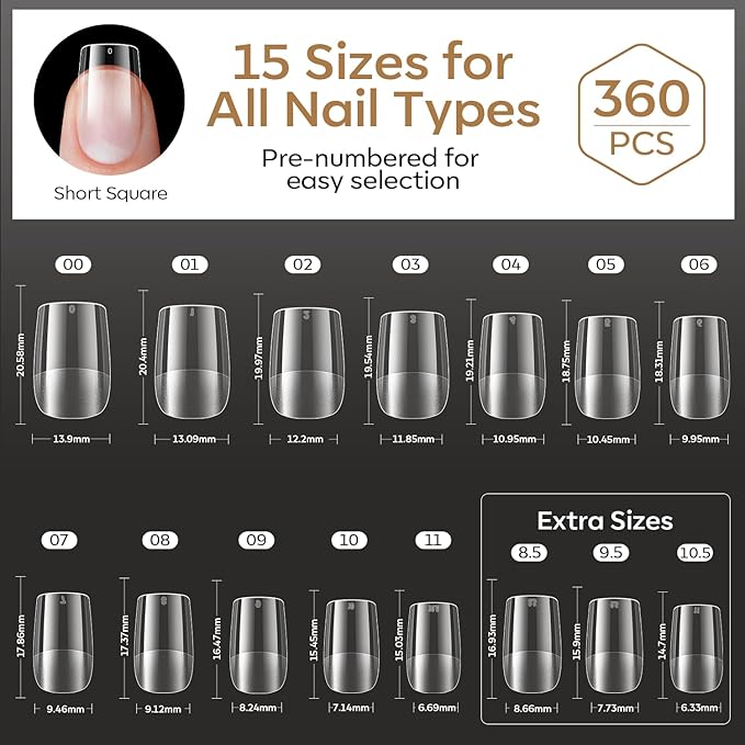 modelones Short Square Nail Tips, 360pcs Pre-etched Clear Fake Nails Press On Full Cover Half Matte 15 Sizes Acrylic Gel Tips for Extension Salon