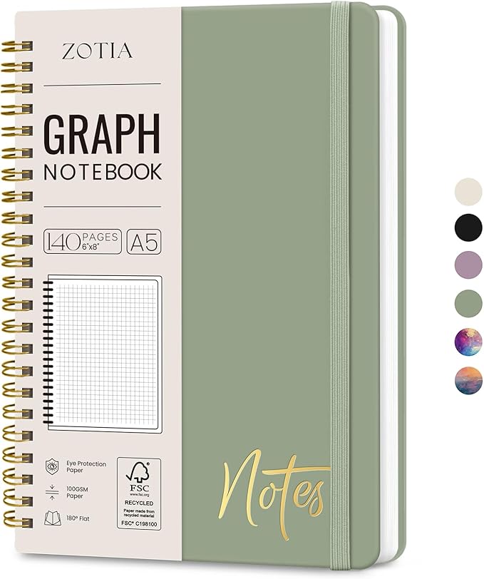 Graph Spiral Journal Notebook for Women, A5 Grid Notebook Journals for Writing, Hardcover Notebooks for Work, Note taking and Office School Supplies,140 Pages - Green