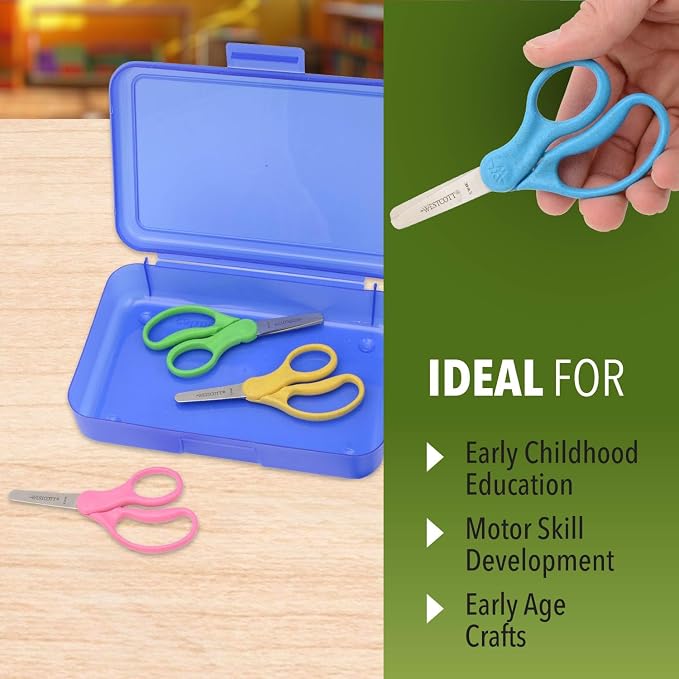 Westcott Kids Scissors 12-Pack, 5" Blunt Tip Safety Scissors for Ages 4+, Left & Right Handed, Recycled Eco-Friendly for School and Craft Projects