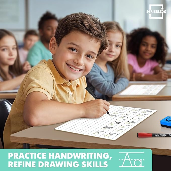 Scribbledo 2 Pack Small Lined Dry Erase Board Kids, 9x12 Double Sided | Value Set of 2, Portable Surface for Handwriting Practice, Classroom and Office Supply, Easy to Clean, Robust