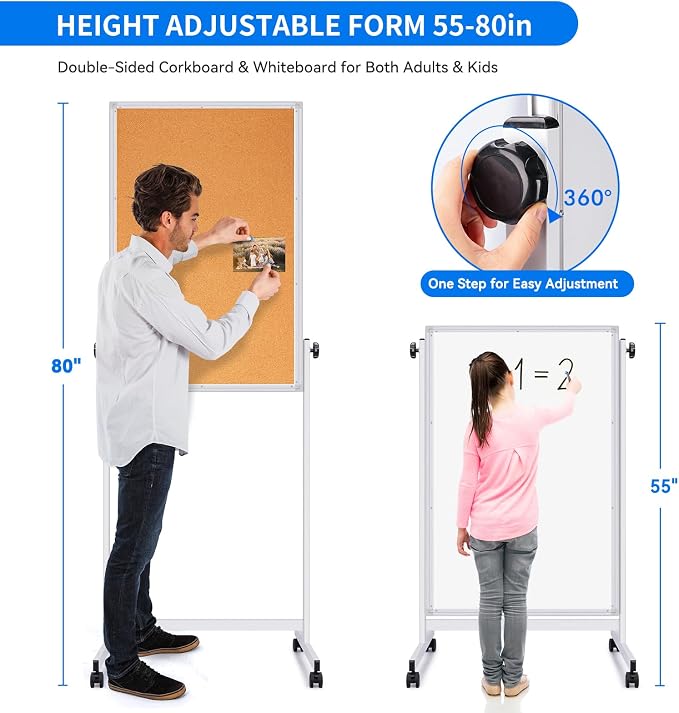 Maxtek Mobile Whiteboard and Cork Board Combo 48 x 32 in, Height Adjustable | Mobile Easel Height Adjustable Magnetic Dry Erase and Cork Board Double-Sided with Stand for Classroom, Home, School, Office