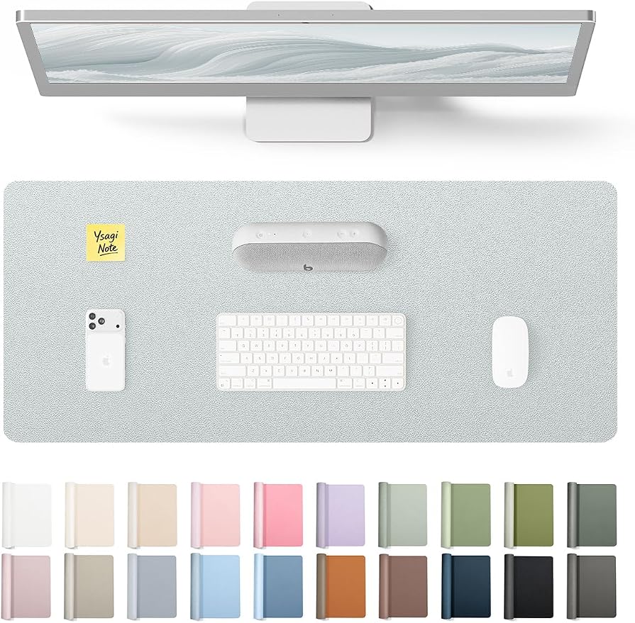 YSAGi Leather Desk Pad Protector, Office Desk Mat, Large Mouse Pad, Non-Slip PU Leather Desk Blotter, Laptop Desk Pad, Waterproof Desk Writing Pad for Office and Home (Silver, 23.6" x 13.8")