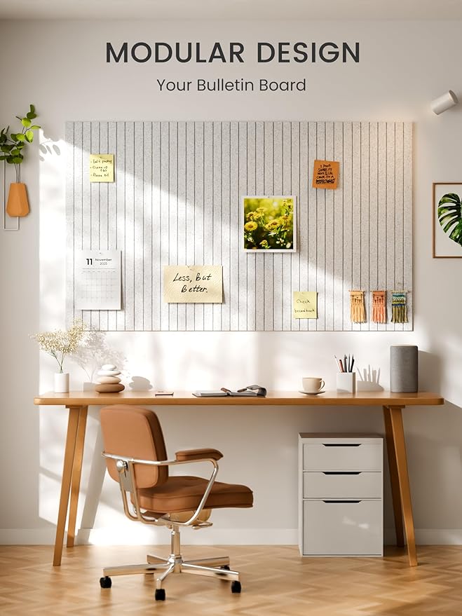 Bumusty Large Cork Board Alternative-36 x 24" Felt Bulletin Board Tiles, with 30 Pushpins, 40 Adhesive Tabs, 6-Pack Slat Wall Paneling, Cork Boards for Office Push Pin Board Felt Board-Light Gray