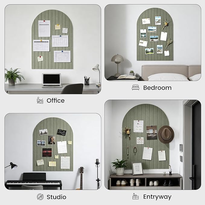 Arched Felt Bulletin Board (Sage Green), 35"x24" Large Wall Decor | 6 Pcs Self-Adhesive Tiles with Push Pins, Felt Cork Board Alternative for Home Office Classroom