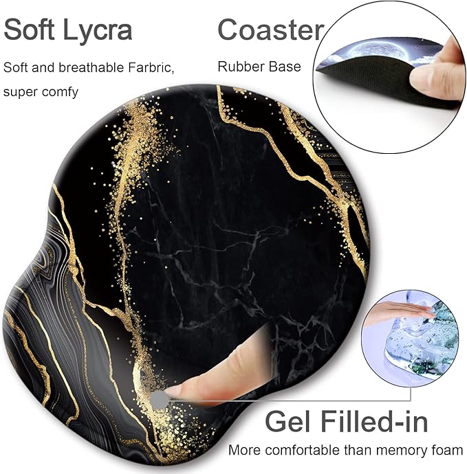 Ergonomic Mouse Pad with Wrist Support Rest,Large Mousepad Gel Wrist Rest, with Coaster Non-Slip & Pain Relief for Computer, Desk, Home&Office-Black Golden Marble 2