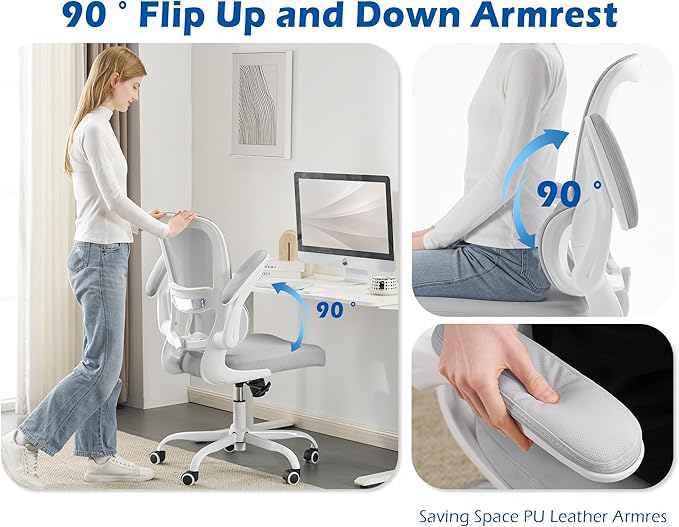 TRALT Ergonomic Office Chair Desk Chair with Adjustable Lumbar Support | Desk Chair Comfy with Flip-up Armrests Ergonomic Chair - Mesh Computer Chairs for Adults, 330lbs, PU Leather (Grey, 1)