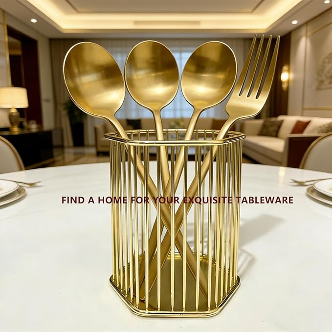 Gold Metal Pen Holder for Desk - Heavy Duty Makeup Brush Organizer Cup with, Pencil Holder for Office & Home, Storage for Stationery/Cosmetics/Art Supplies, Matte Finish, 4.8 Inch (Hexagon)