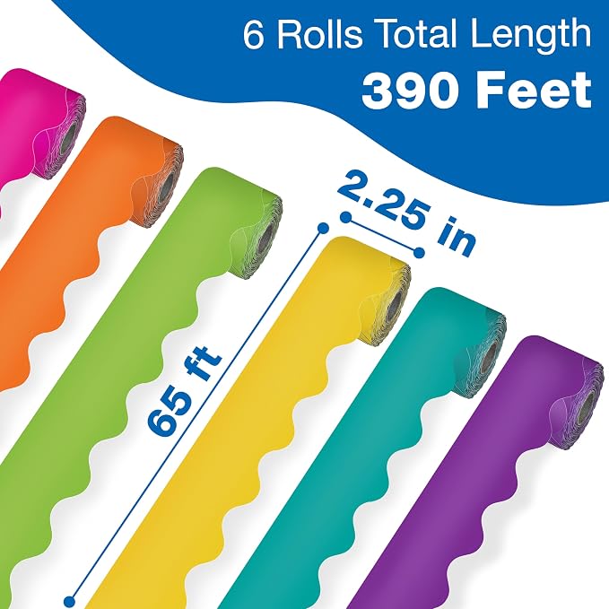 Carson Dellosa Colorful Bulletin Board Border Sets for Classrooms, 6 Pack | Orange, Yellow, Green, Teal, Purple, Hot Pink Bright Classroom Décor, School, Cork or Whiteboard, Wall Decoration
