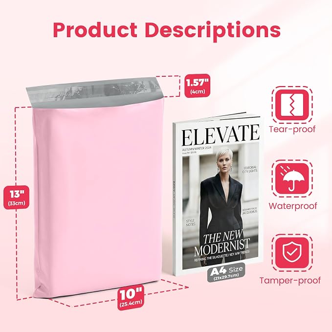 Metronic Poly Mailers 10x13 1000 Pack, Small Bulk Shipping Bags for Clothes | Heavy Duty Self Seal Waterproof Tear-resistant Packaging Bags, Mailing Envelopes for Clothing, Small Business, Light Pink.