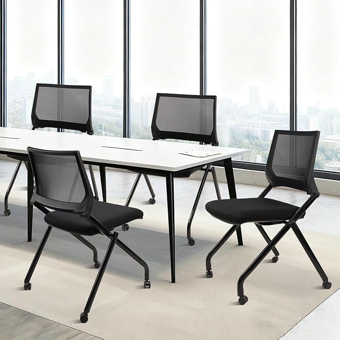 CLATINA Stackable & Foldable Conference Room Chairs, Waiting Room Chairs with Wheels & Lumbar Support, Ergonomic Mesh Bouncing Back Folding Chair for Office Meeting Schools Training Room, Black 20pk