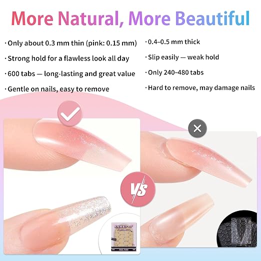 Sun&Beam Nails Jelly Nail Tabs for Press-On Nails 0.3mm Ultra-Thin Waterproof Adhesive 600pcs Strong Hold Double Sided Tabs for Finger (Standard Size)