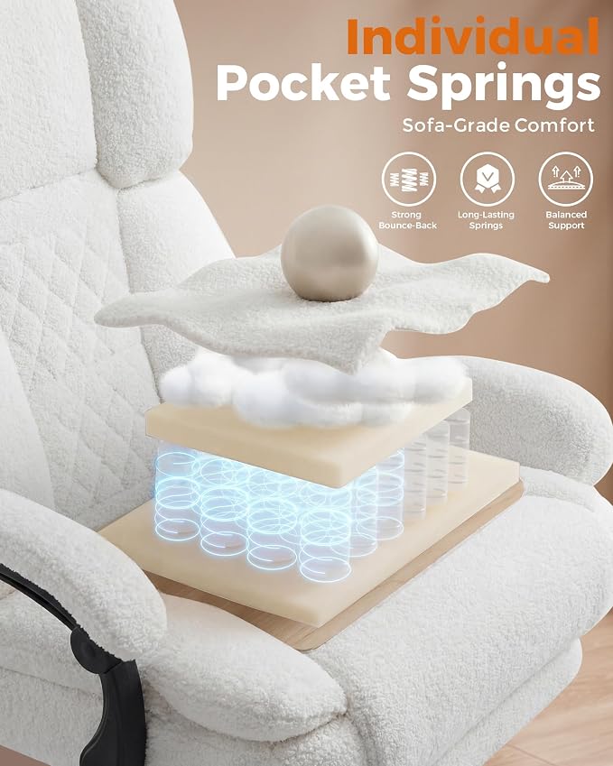 GTPLAYER Big and Tall Office Chair with Pocket Spring Cushion & Ergonomic Lumbar Support for Lower Back Pain Relief, High Back Computer Gaming Chair with Foot Rest, Comfy Teddy Fleece, White