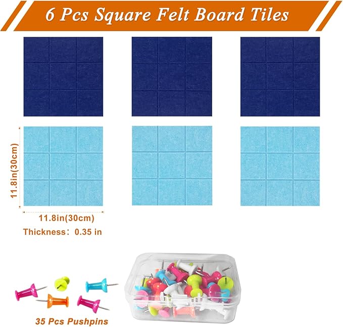 Large Square Felt Cork Board Tiles, Self Adhesive DIY Felt Bulletin Board with 35 Pushpins for Office School Home Wall Decor Stickers Memos (Dark Blue & Sky Blue)