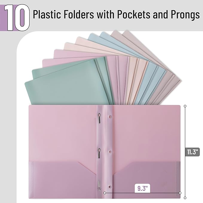 Mr. Pen- Plastic Folders with Pockets and Prongs, 10 Pack, Letter Size, Colorful, Flexible Plastic Folders with Prongs