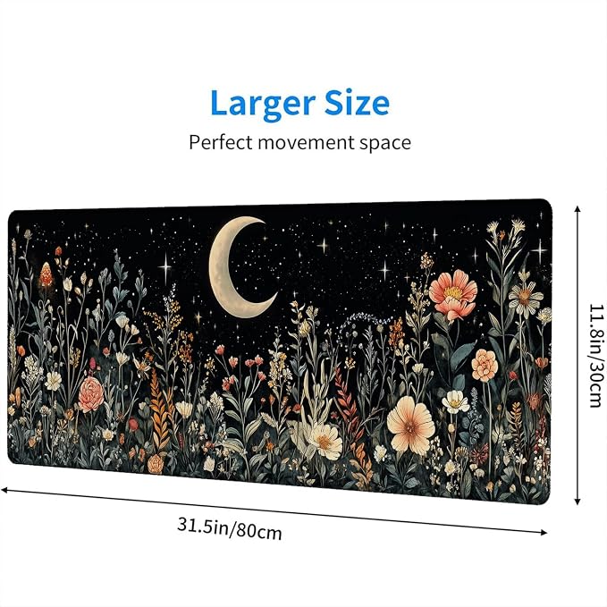 Cute Mystical Plants Desk Pad Whimsical Moon Stars Extended Gaming Mouse Mat with Stitched Edge Non-Slip Base - Big Office Computer Keyboard Laptop Home - 31.5"x11.8"