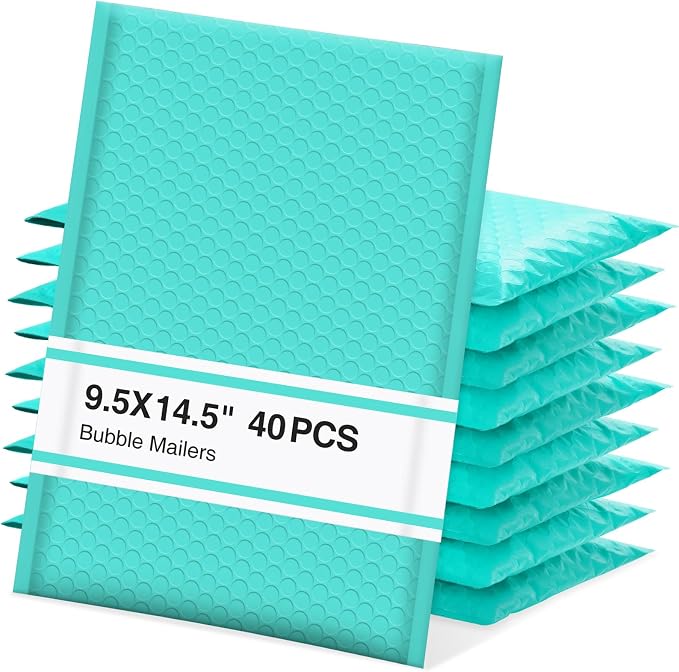 UCGOU Bubble Mailers 9.5x14.5" 40 Pack Usable Size 9.5x13.5" Teal Padded | Waterproof Self Seal Adhesive Large Padded Envelopes for Small Business Bubble Packaging Envelopes for Mailing Jewelry Makeup