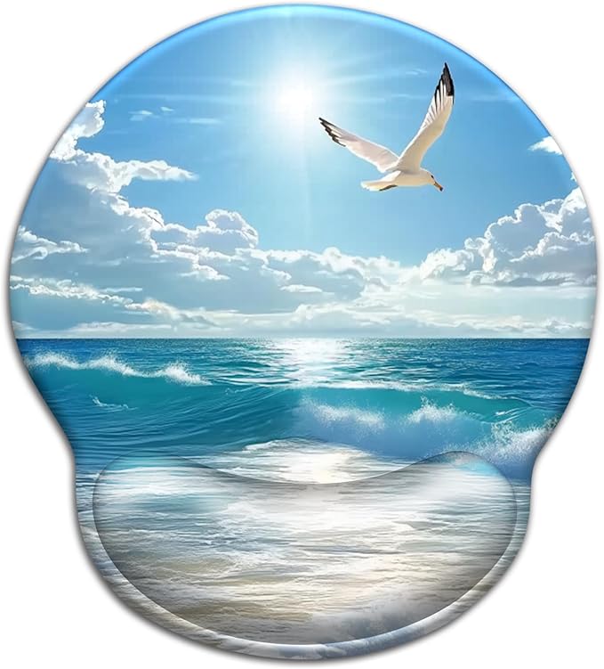 Beach Ocean Wave Mouse Pad with Wrist Rest, Ergonomic Mouse Pad Wrist Support with Non-Slip Pain Relief PU Base, Funny Computer Mousepad, Cute Office Supplies Home Desk Accessories Decor
