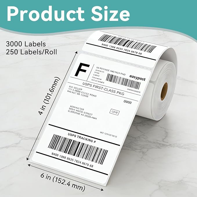 3000 Pcs 4"x6" Direct Thermal Shipping Labels, 12 Rolls of 250 | Compatible with Zebra, Rollo, Munbyn & Most Thermal Printers, Perforated Strong Adhesive, For UPS, FedEx & USPS