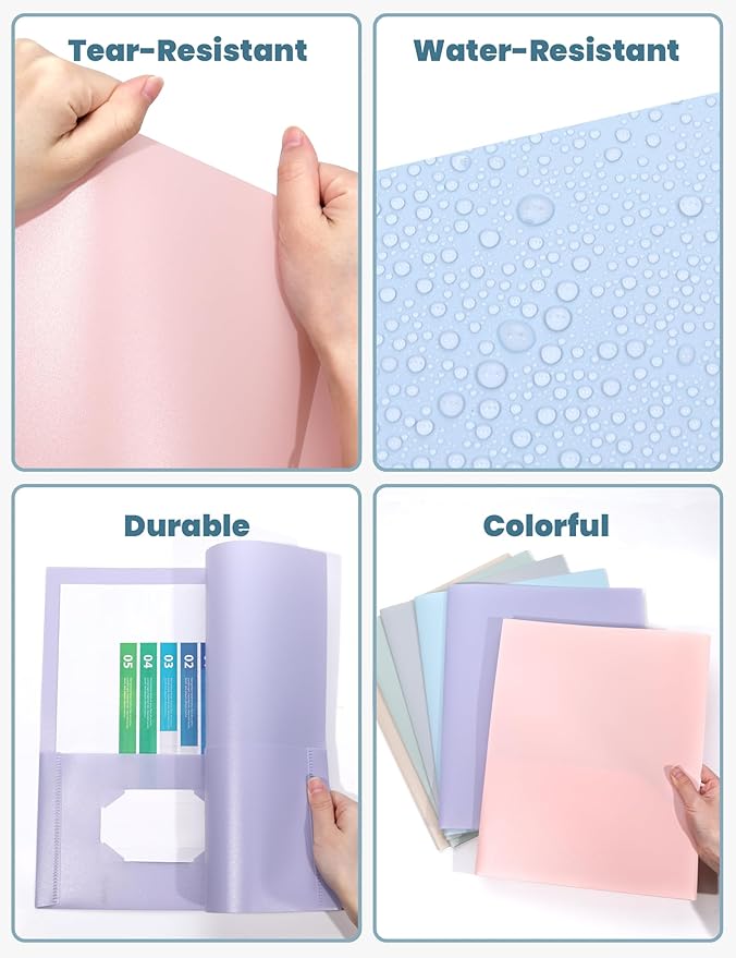 SUNEE Folders with Pockets (6 Pack, Pastel Colors), Plastic Folder with Pocket, Poly Folder for Documents Letter Size, 2 Pocket Folders for Kids, Home, School, Office