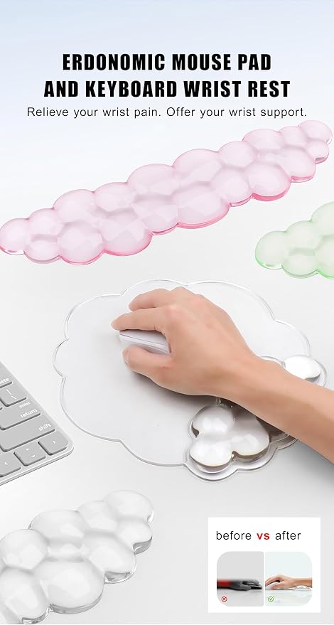 Mouse Pad with Wrist Rest, Soft Cloud Gel Keyboard Mouse Pad Set with Hand Wrist Support, Cute Non Slip Office Desk Accessories for Comfort/Pain Relief/Computer/Laptop (2Pc Clear Cloud)
