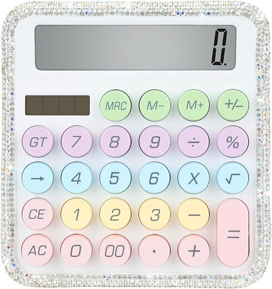 Bling Crystal Colorful Standard Calculator with 12 Digit Display and Big Buttons,Suitable for Office,School,Home & Business Use (White)