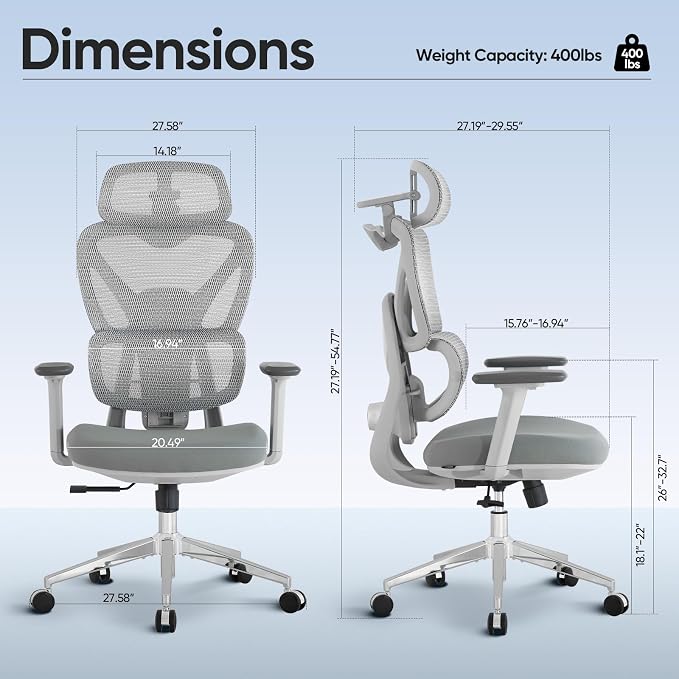 Ergonomic Mesh Office Chair, Desk Chairs with Adjustable Lumbar Support, 4D Flip-up Arms & 3D Headrest, Comfy High Back Breathable Mesh Computer Chair for Home Office, 400lbs (Grey)
