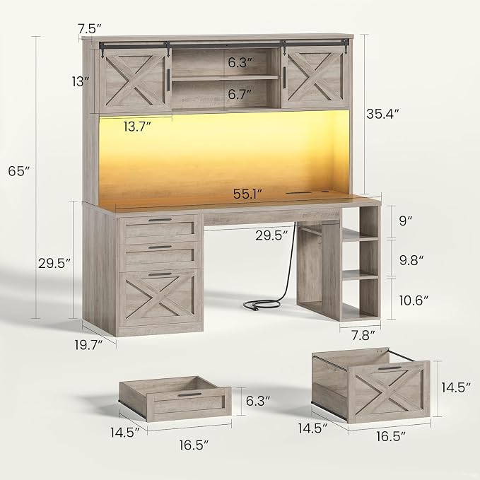 SEDETA 55.1" Farmhouse Desk with Hutch & 3 Storage Drawers | Executive Computer Desk with Storage Cabinet and Shelves, Home Office Desk with power outlet & LED Lights,Grey