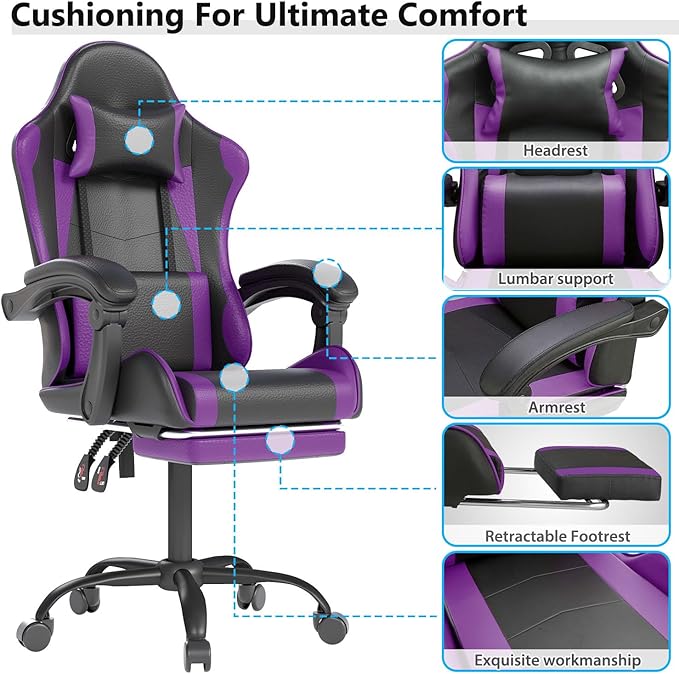 Gaming Chair with Headrest and Lumbar Support, Ergonomic High Back Office Chair, Racing Style Executive Computer Desk Chair, Leather Adjustable Swivel Task Chair for Home Office (Purple)