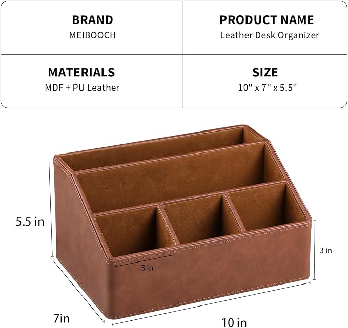 PU Leather Desk Organizer, Remote Control Holder, Brown | Luxury Nightstand Organizer for Home, Office Desk Accessories, Bedside Table Caddy with 5 Compartments, Velvet Lining