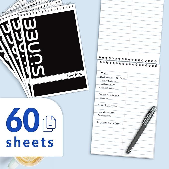 SUNEE 2 Pack Steno Pads 6x9, Gregg Rule, 60 Sheets, Spiral Notebook 6x9, White Paper, Take Notes with Top Spiral Notebook, for School, University, College, Work, Office, Black
