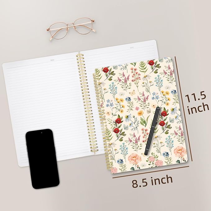 Cute Spiral Notebook journal A4 Aesthetic Pretty Design for Women Girls Kawaii with Pocket, 8.5 x 11 inch, Lined, Plant Flower