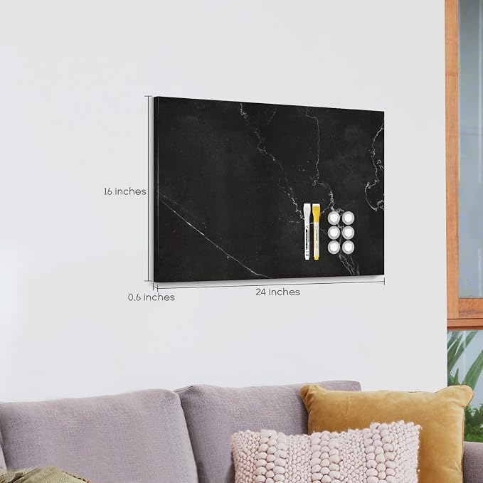Decorative Magnetic Board for Wall, 24''x18'' Dry Erase Board, Black Marble | Magnet Board, Display Board, Wall Mounted, for Home, Office, Kitchen, 2 Markers, 6 Magnets
