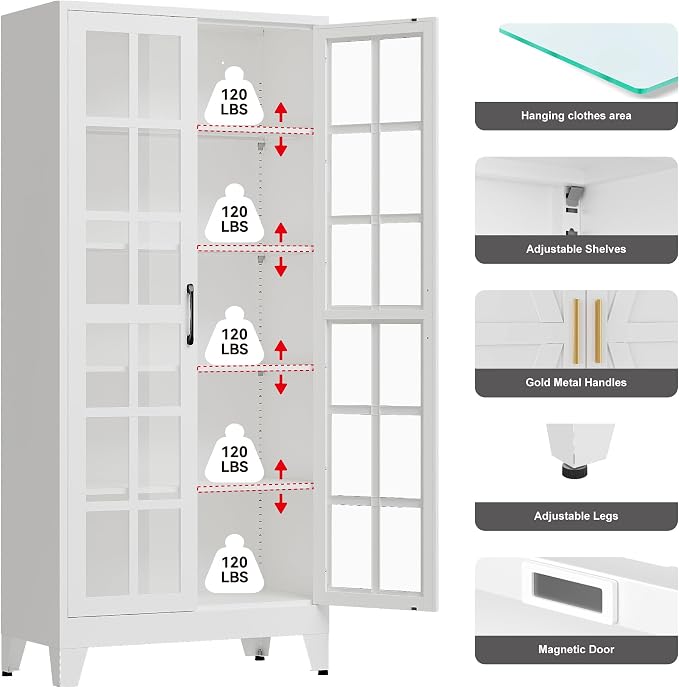 QINPTWUT 71" Tall Glass Door Storage Cabinet, Modern Metal Pantry Cabinet with 4 Adjustable Shelves, Freestanding Display Cabinet for Kitchen, Living Room, Dining Room, Home Office (White)