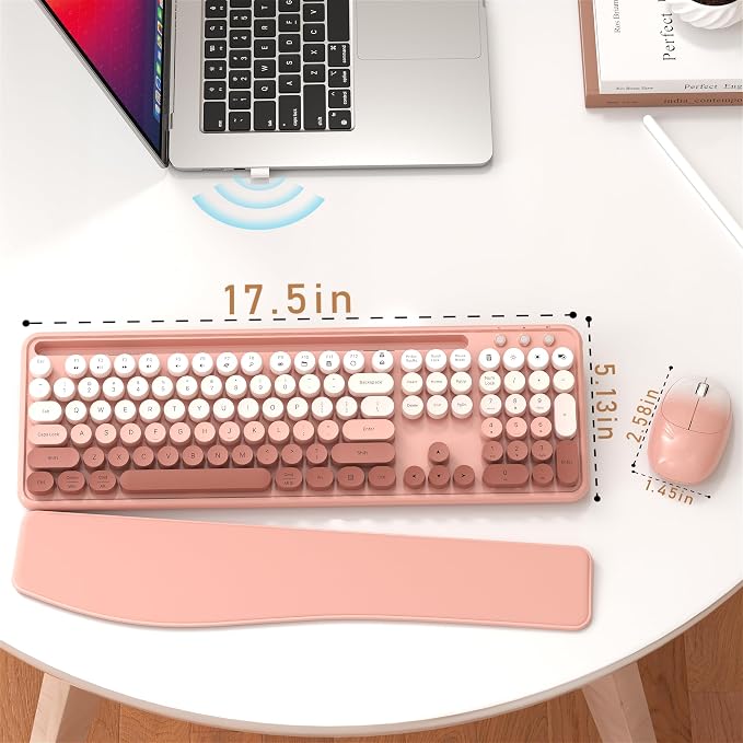 Wireless Keyboard and Mouse Combo with Phone Holder (Peach Colorful) | MPTOG Colorful Typewriter Keys with Wrist Rest, , 2.4GHz Wireless, Full-Sized Optical Mouse for PC and Laptop