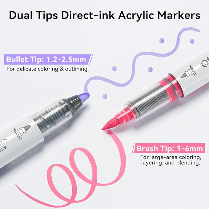 Ohuhu Acrylic Paint Markers Dual Tips 24 Colors Brush & Bullet Automatic Ink Control Acrylic Markers High Opacity Paint Pens Waterproof for Rock Painting 3D Prints Easter Egg Wood DIY Crafts - Waimoku
